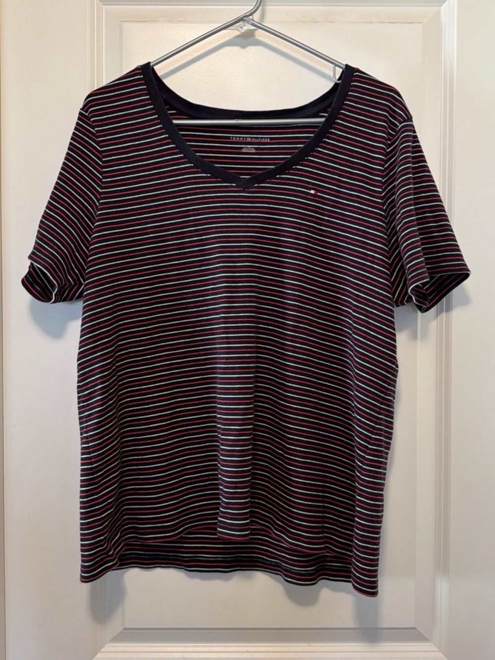 Tommy Hilfiger Black, Pink & White Striped V-Neck Tee
